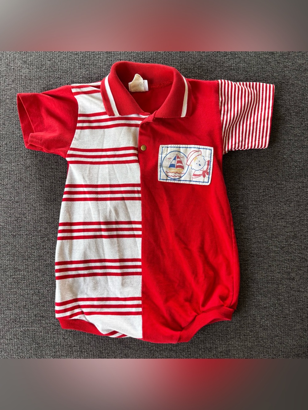 VTG Buster Brown Red Striped Baby Boy Polo One-Piece Bodysuit Sailboat Nautical